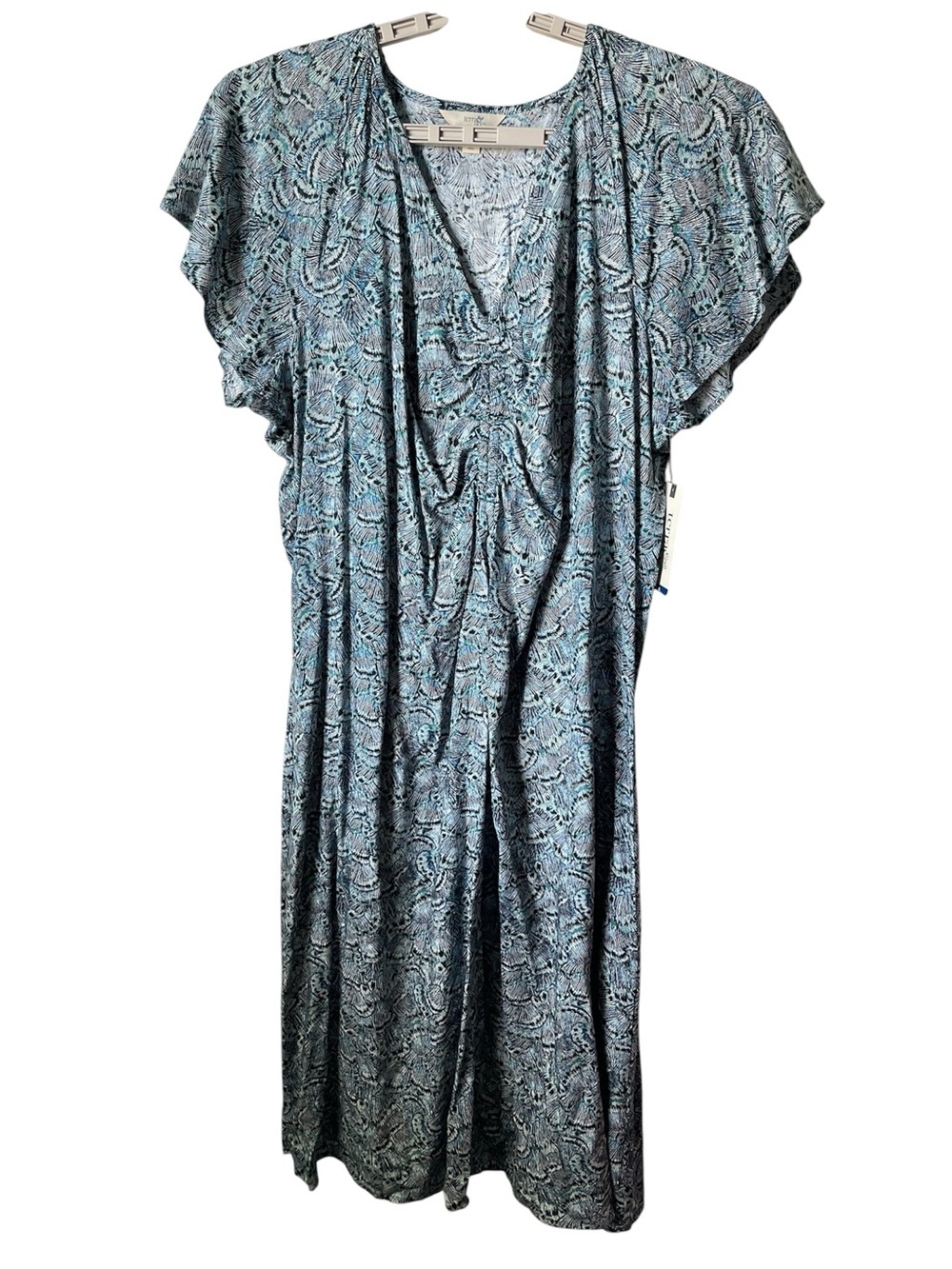 Terra & Sky Flutter Sleeve Maxi Dress Blue Abstract Geometric Pattern Size 1X